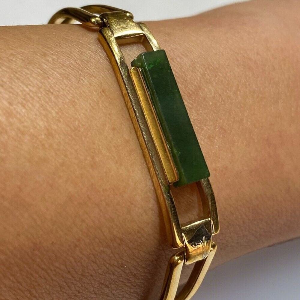 Avon Vintage 1978 Gold-Tone Green Faux Treasured Jade Bar Hinged Bracelet 2.2”